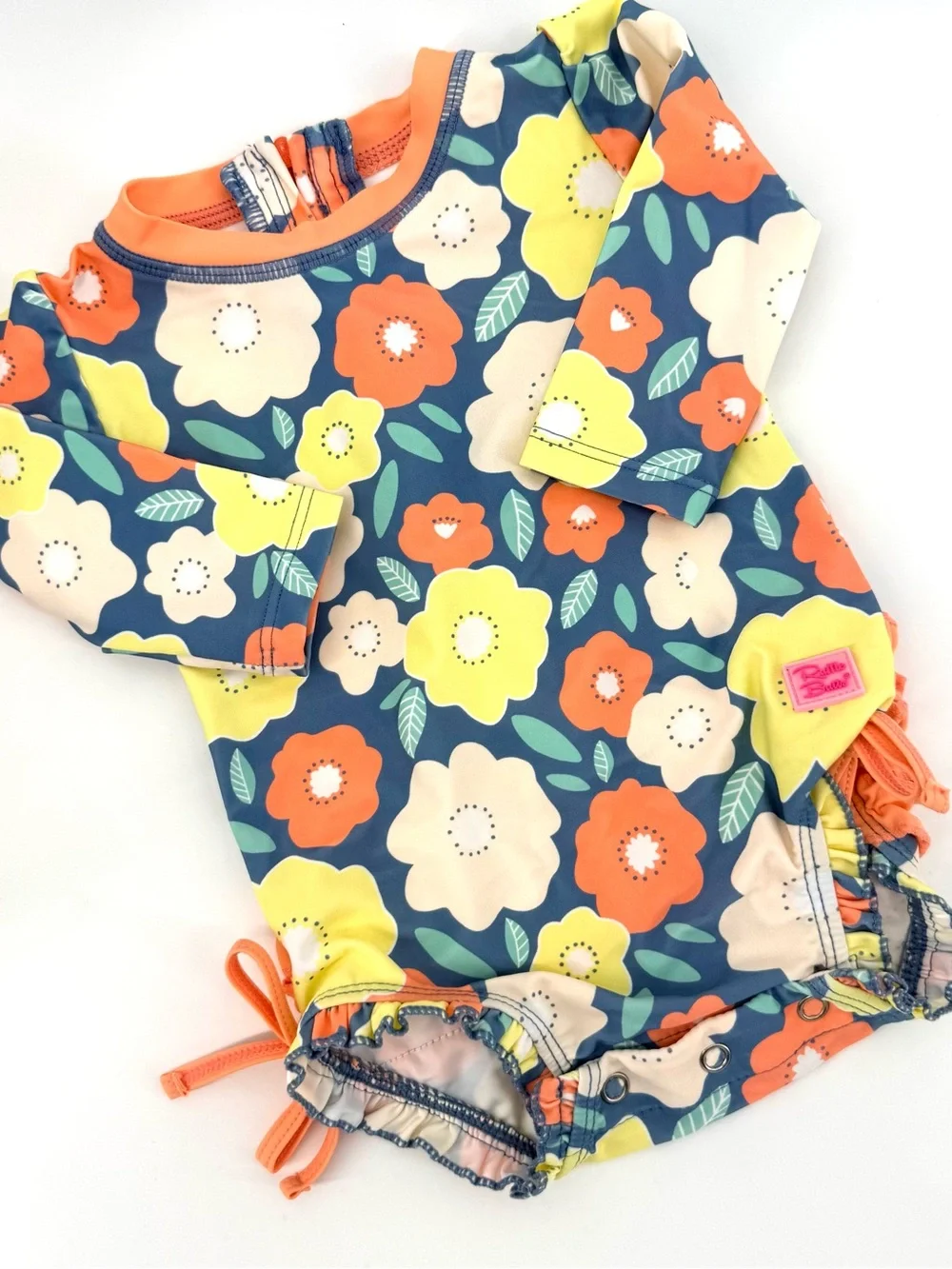 Ruffle Butts Baby Girls Peach, Yellow and Blue Floral One-Pc  Swimsuit Rashguard